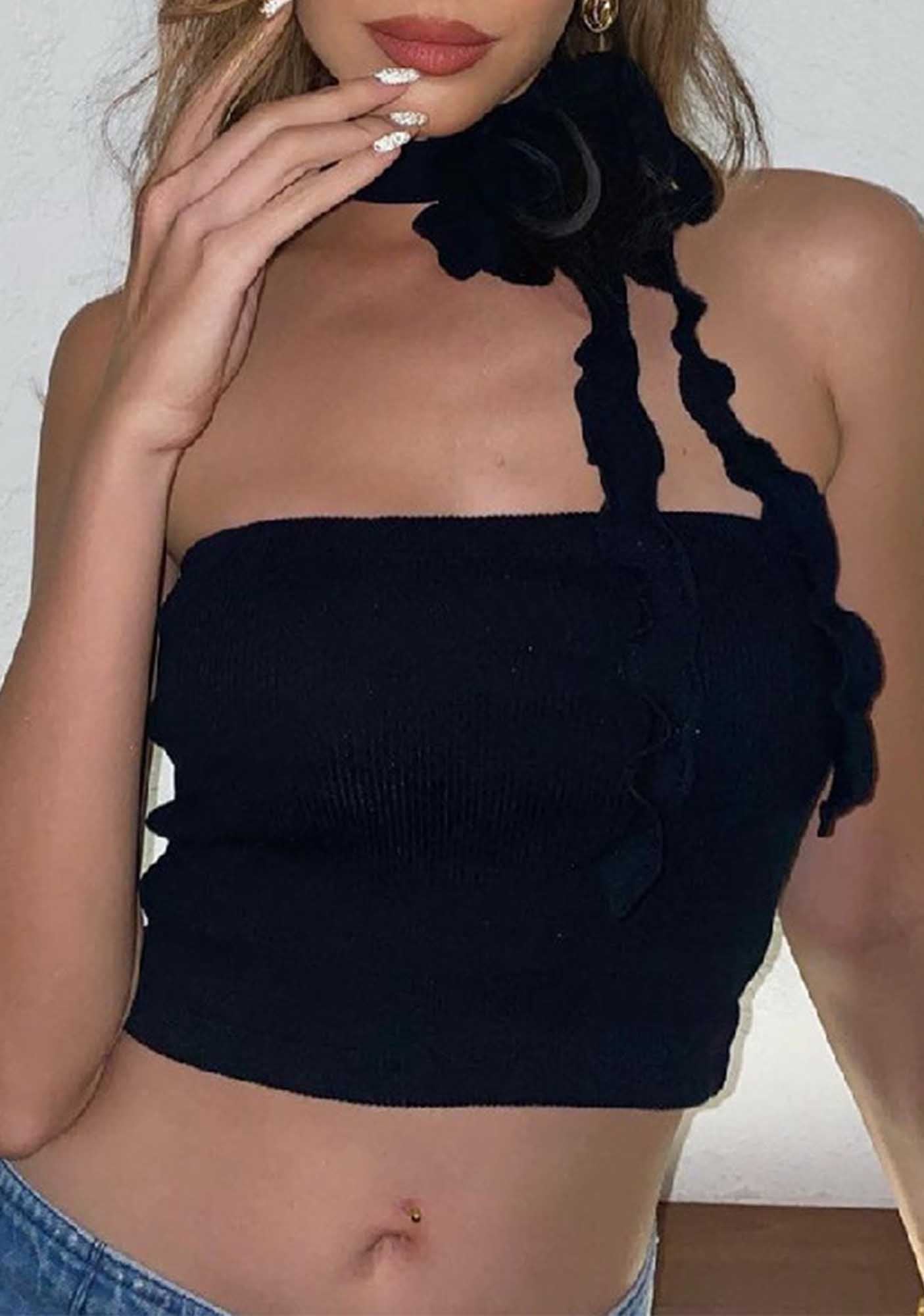 Y2K Flower Ribbon Halter Tube Top Cherrykitten