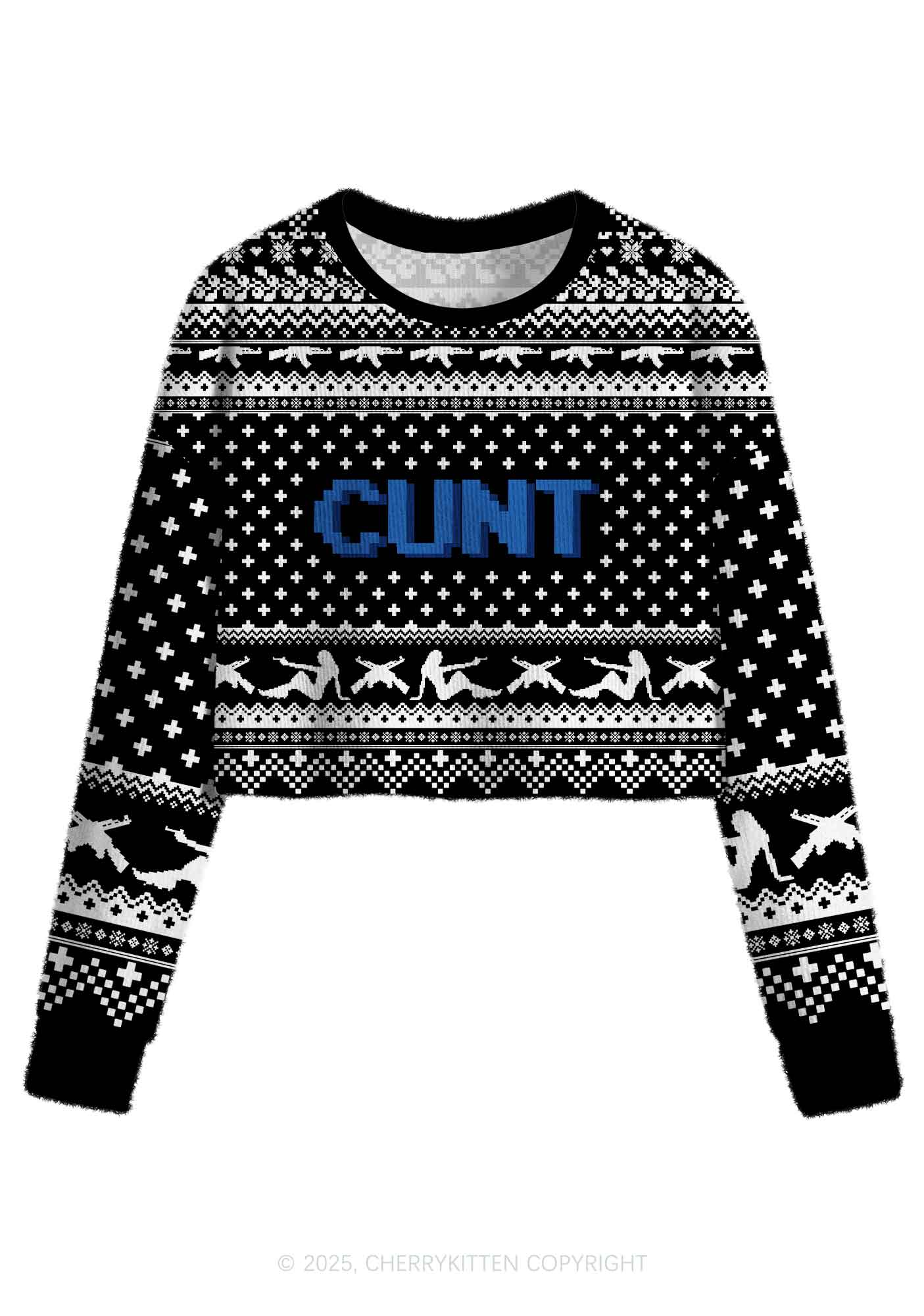 Black Cxxt Y2K Christmas Crop Knit Sweatshirt Cherrykitten
