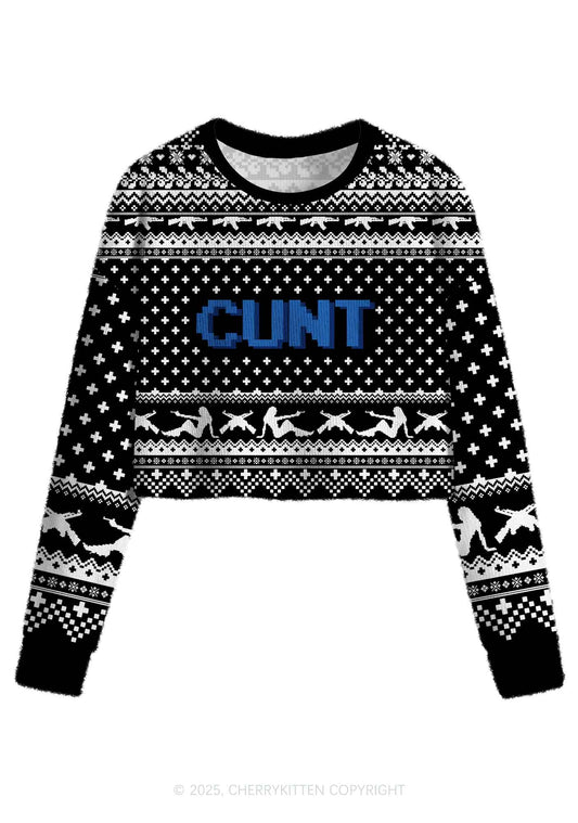 Black Cxxt Y2K Christmas Crop Knit Sweatshirt Cherrykitten