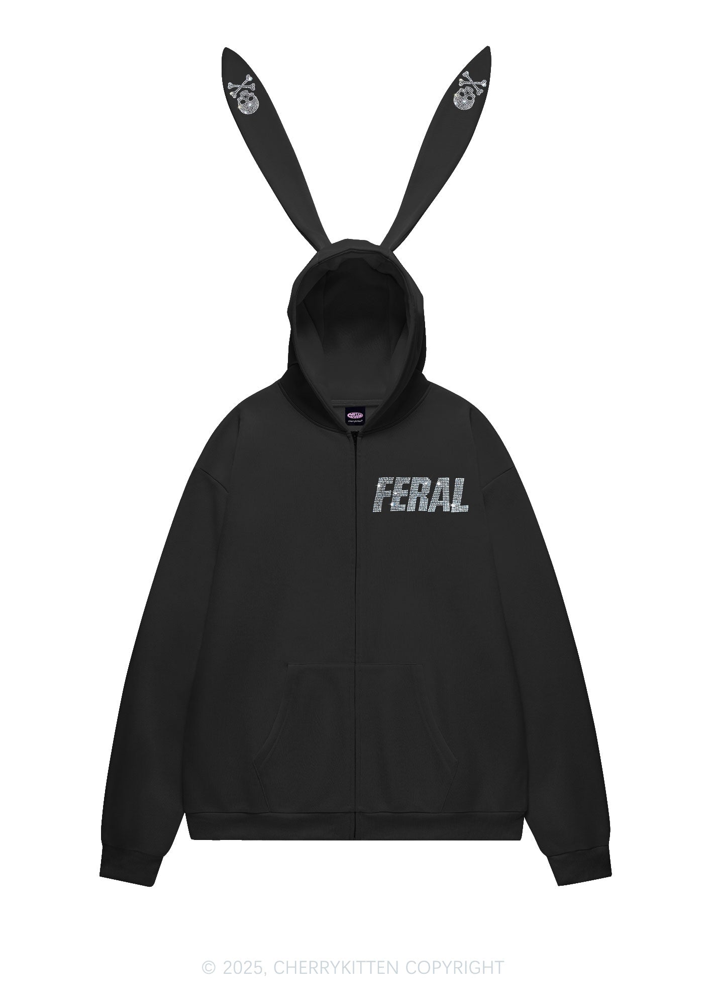 Rhinestone Feral Y2K Bunny Ear Zip Hoodie Cherrykitten