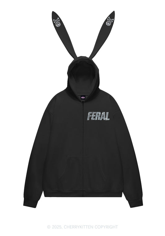 Rhinestone Feral Y2K Bunny Ear Zip Hoodie Cherrykitten