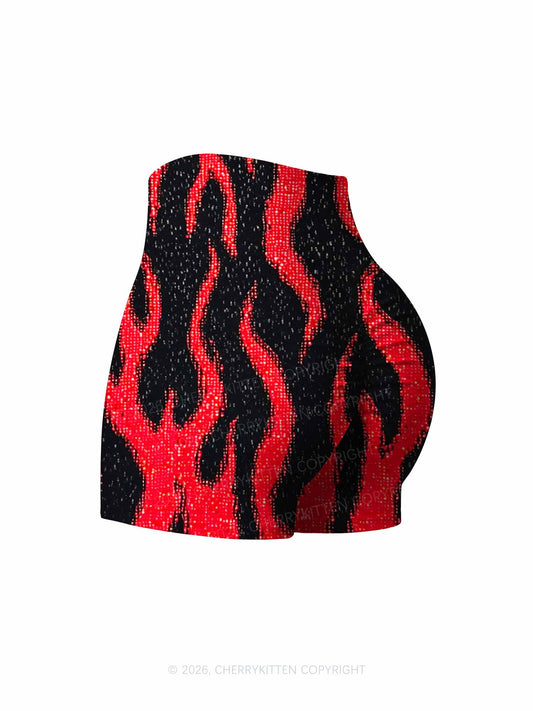 Red Flame Y2K Print Yoga Shorts Cherrykitten