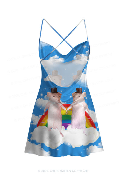 Rainbow Gay Rats Pride Y2K Print Satin Cowl Neck Slip Dress Cherrykitten