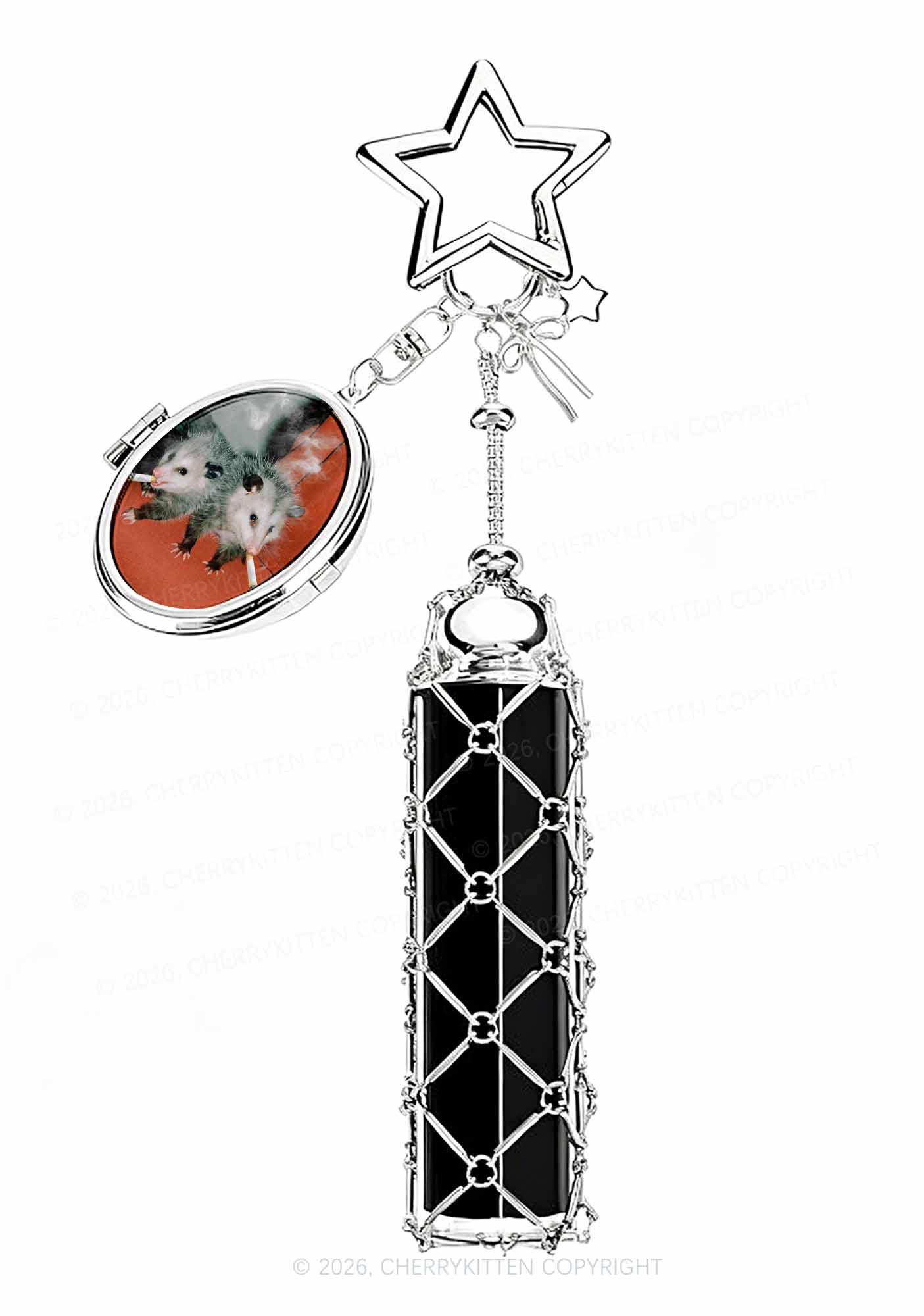 Smoking Badass Possum 1pc Y2K Metal Mesh Lipstick Holder Keychain With Mirror Cherrykitten