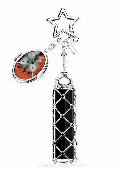 Smoking Badass Possum 1pc Y2K Metal Mesh Lipstick Holder Keychain With Mirror Cherrykitten