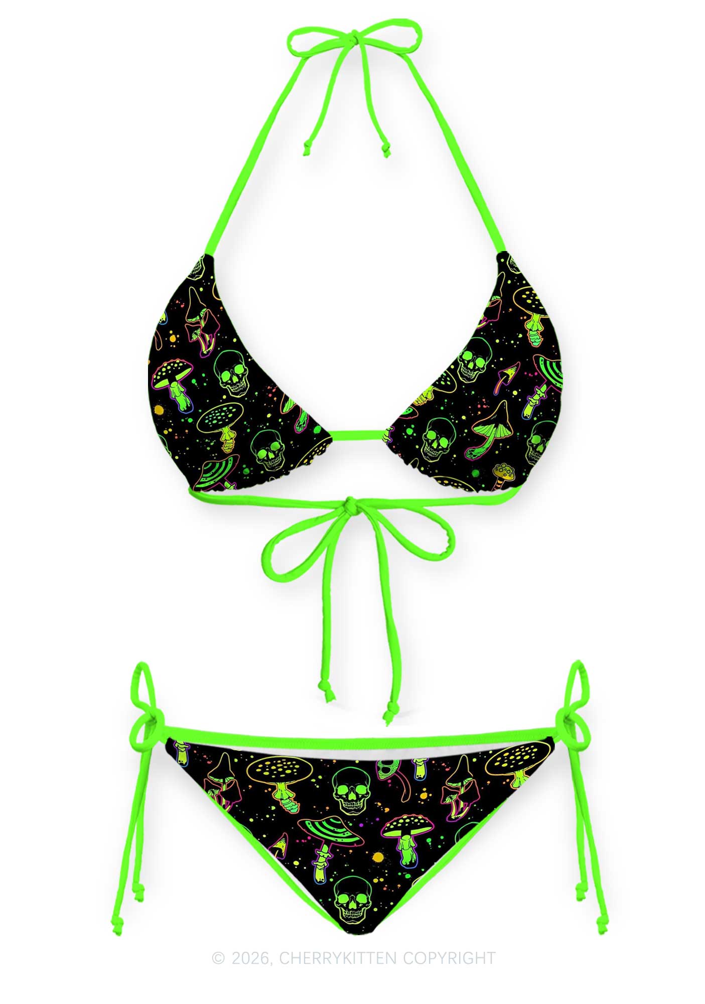 Neon Skull Mushroom Y2K Print Bikini Set Cherrykitten