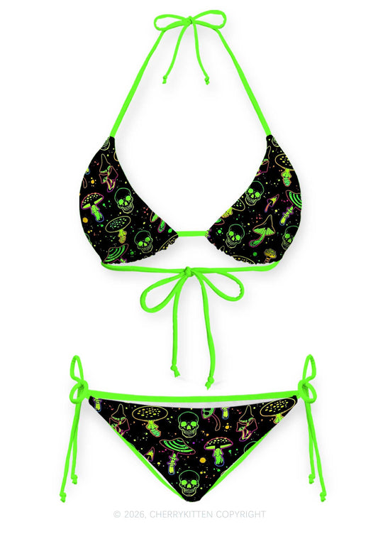 Neon Skull Mushroom Y2K Print Bikini Set Cherrykitten