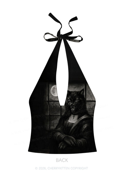 Halloween Moon Night Werewolf Y2K Print Halter Deep V Neck Cami Cherrykitten