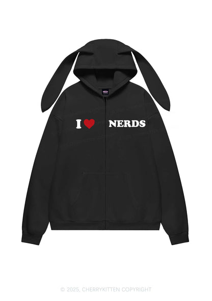 I Love Nerds Y2K Bunny Ear Zip Hoodie Cherrykitten