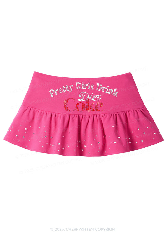 Rhinestone Pretty Girls Drink Diet Coke Y2K Pink Ruffled Rhinestone Mini Skirt Cherrykitten