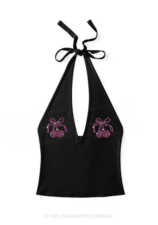 Rhinestone Cherry Bow Y2K Halter Deep V Neck Cami Cherrykitten