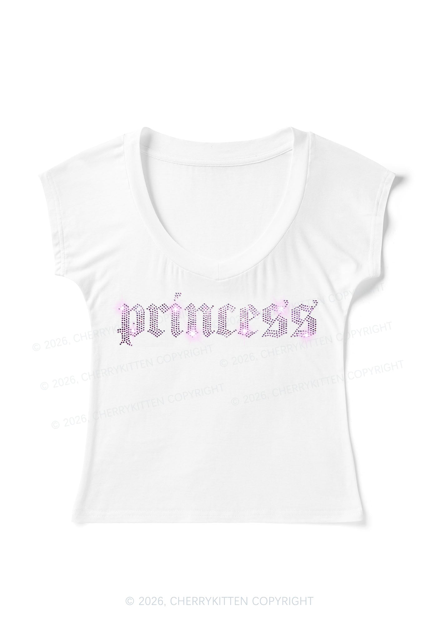 Rhinestone Princess Y2K V Neck T Shirts Cherrykitten