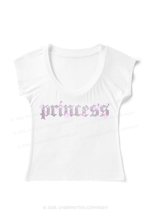Rhinestone Princess Y2K V Neck T Shirts Cherrykitten
