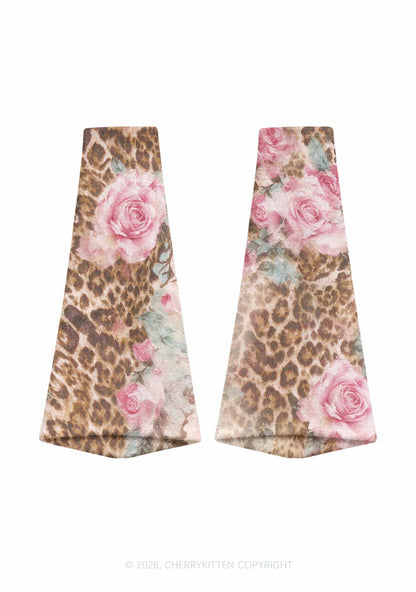 Pink Rose Leopard Y2K Print Fuzzy Flared Leg Warmers Cherrykitten
