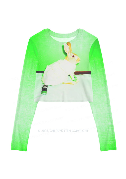 Red Eyed Rabbit Y2K Mesh Long Sleeve Crop Top Cherrykitten