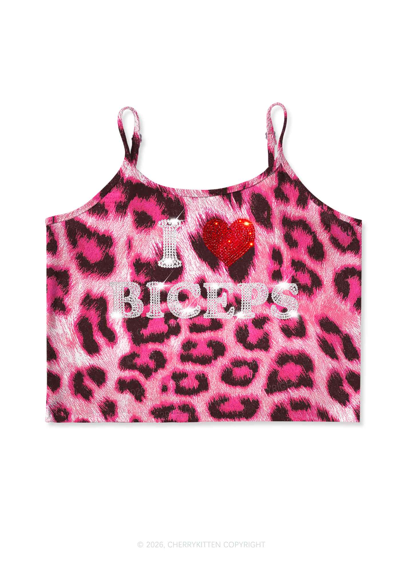 Rhinestone I Love Biceps Y2K Pink Leopard Print Cami Crop Top Cherrykitten