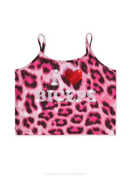 Rhinestone I Love Biceps Y2K Pink Leopard Print Cami Crop Top Cherrykitten