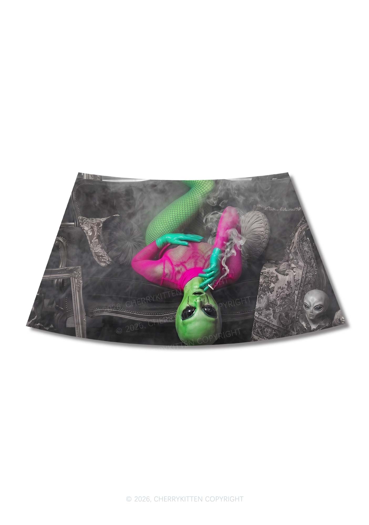 Smoking Alien Y2K Print Mini Skirt Cherrykitten