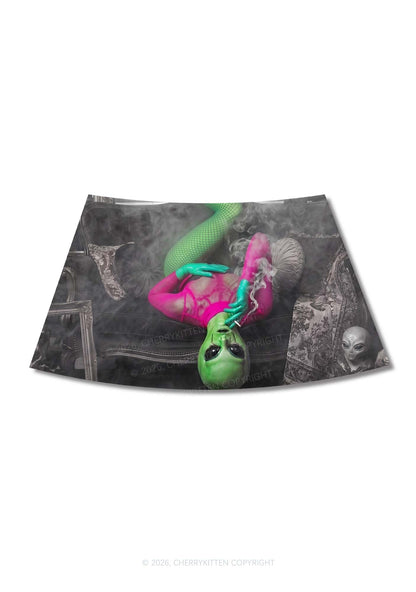 Smoking Alien Y2K Print Mini Skirt Cherrykitten