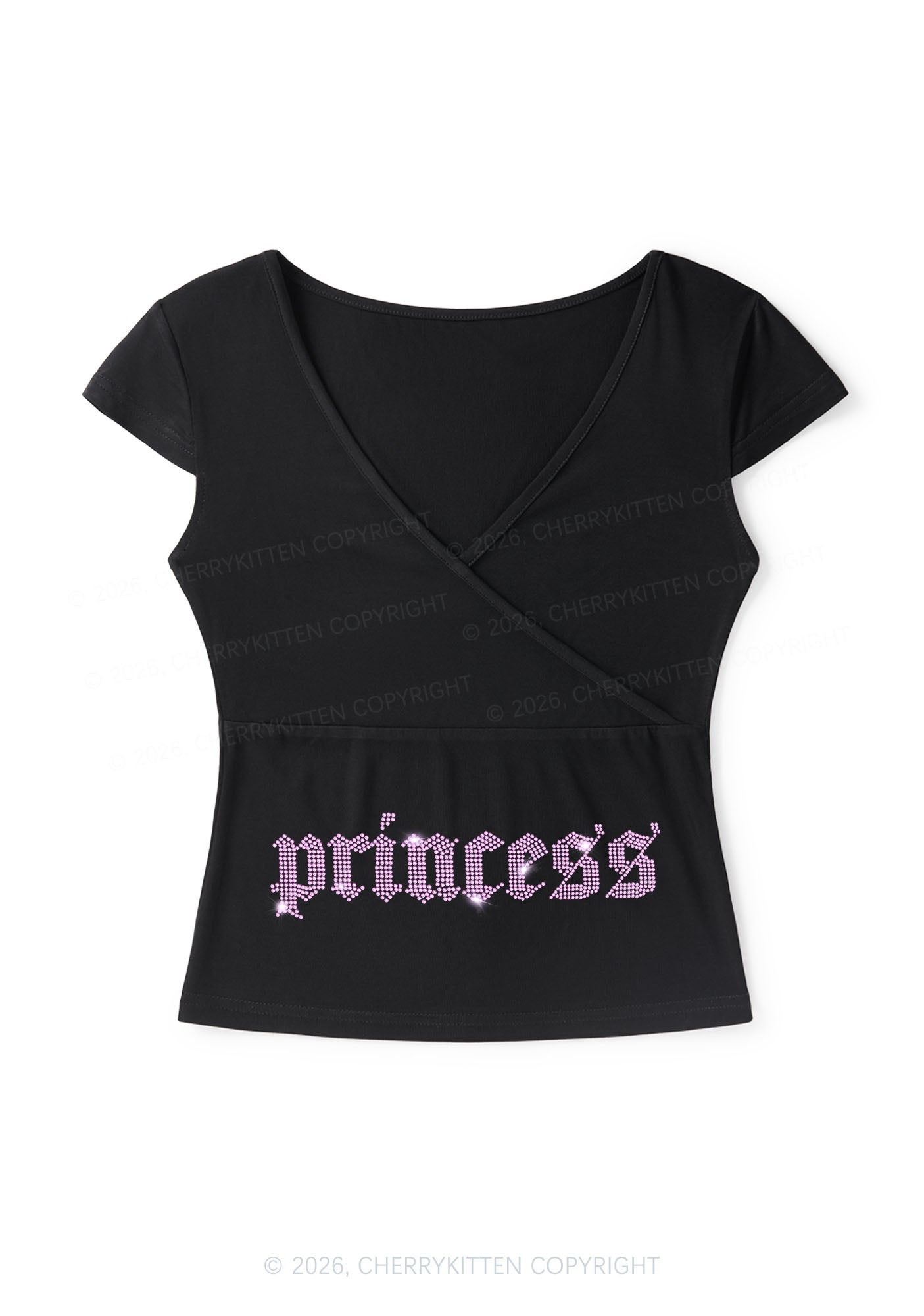 Rhinestone Pink Princess Y2K Wrap V Neck T Shirts Cherrykitten