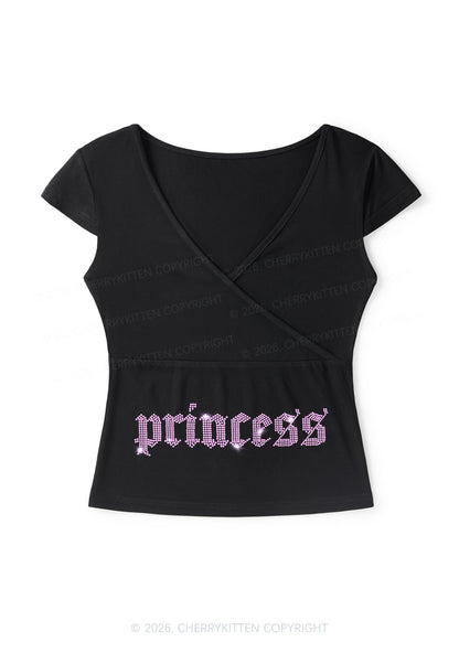 Rhinestone Pink Princess Y2K Wrap V Neck T Shirts Cherrykitten