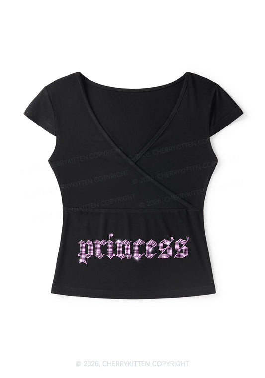 Rhinestone Pink Princess Y2K Wrap V Neck T Shirts Cherrykitten