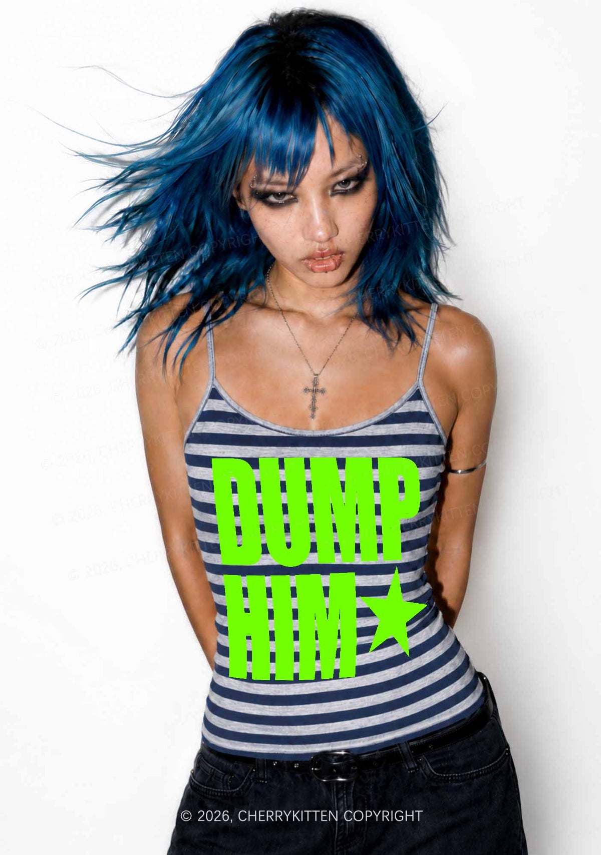 Dump Him Y2K Navy Grey Striped Spaghetti Strap Cami Cherrykitten