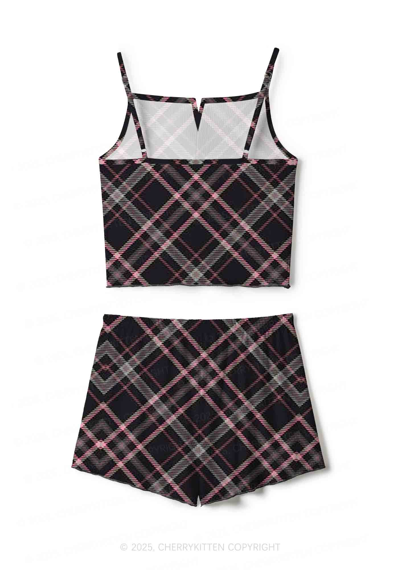 Pink Plaid Y2K Print Cami Shorts Pajama Set Cherrykitten