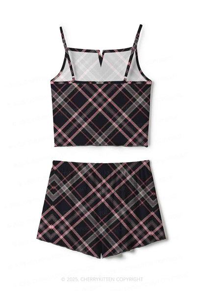 Pink Plaid Y2K Print Cami Shorts Pajama Set Cherrykitten