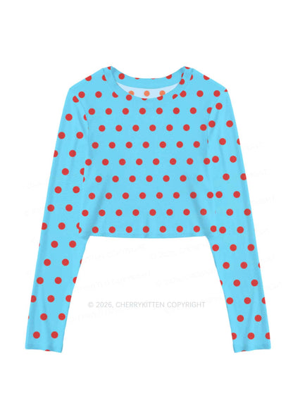 Red Dots On Blue Y2K Mesh Long Sleeve Crop Top Cherrykitten