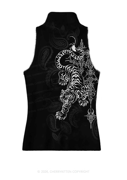 Halloween White Tiger On Black Y2K Knit Turtleneck Tank Top Cherrykitten