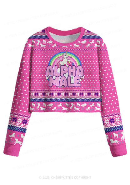 Rainbow Unicorn Alpha Male Y2K Christmas Crop Knit Sweatshirt Cherrykitten