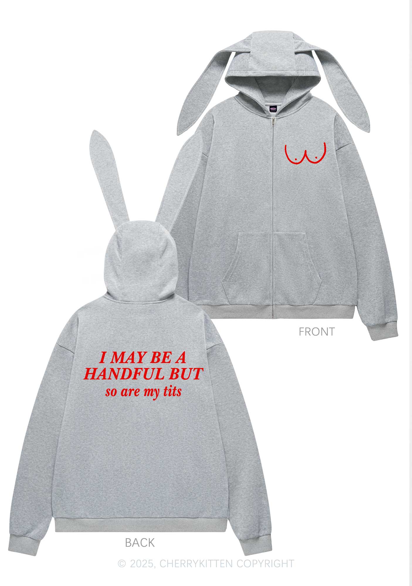 I May Be A Handful Y2K Bunny Ear Zip Hoodie Cherrykitten
