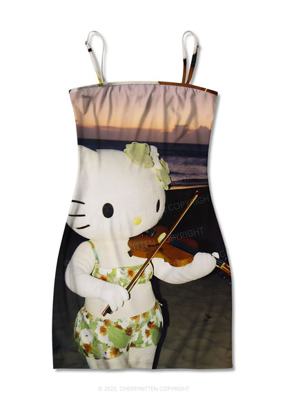 Kitten Violinist Y2K Print Slip Dress Cherrykitten