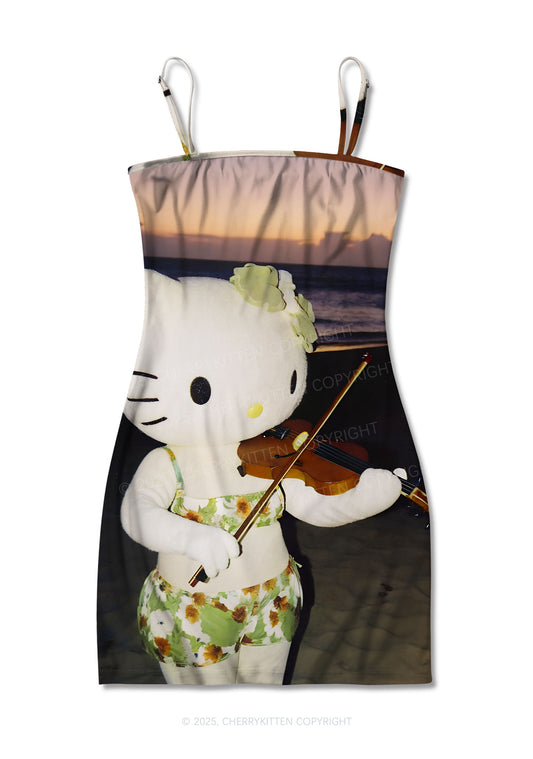 Kitten Violinist Y2K Print Slip Dress Cherrykitten