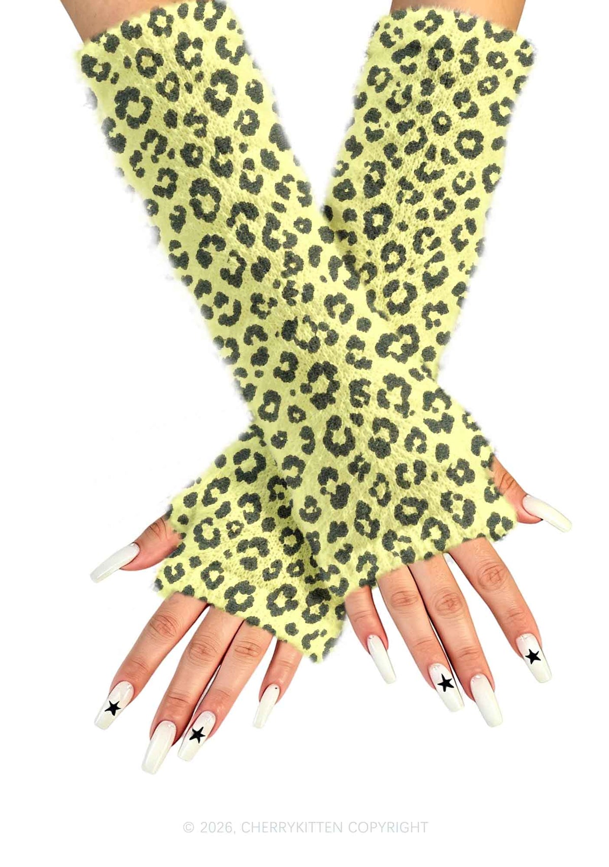 Light Yellow Leopard Y2K Print Fuzzy Arm Warmers Cherrykitten