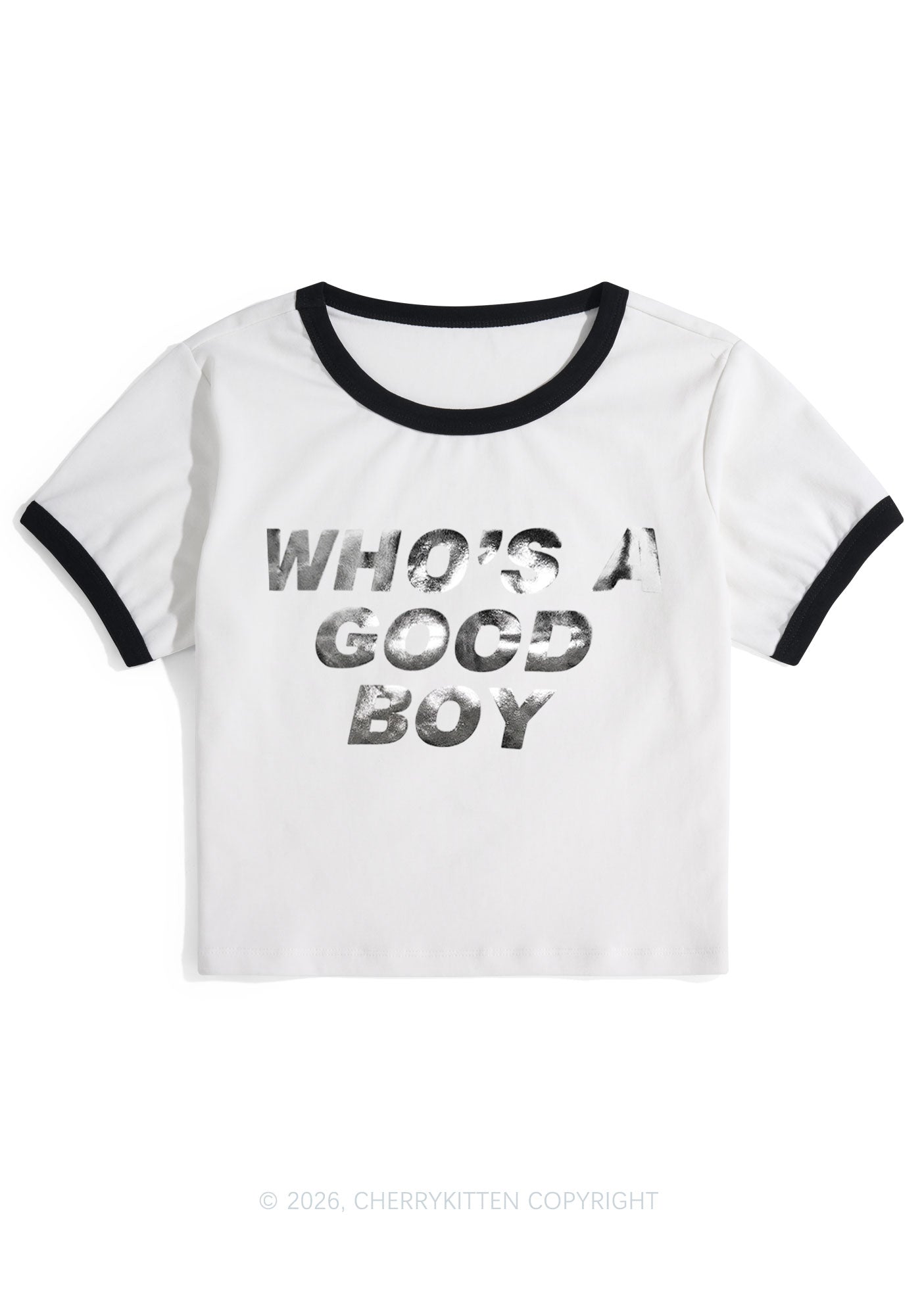 Whos A Good Boy Silver Foil Printed Y2K Ringer Tee Cherrykitten