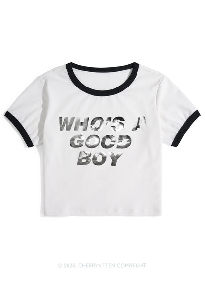 Whos A Good Boy Silver Foil Printed Y2K Ringer Tee Cherrykitten
