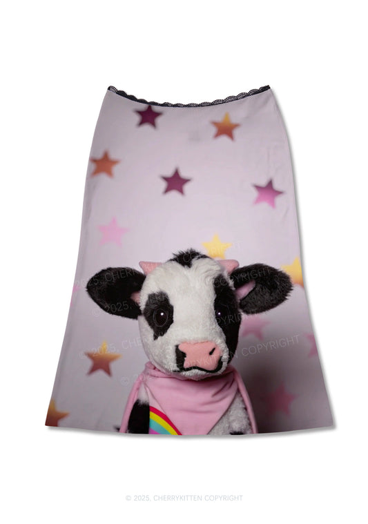 Cow Magic Stars Y2K Print Midi Skirt Cherrykitten