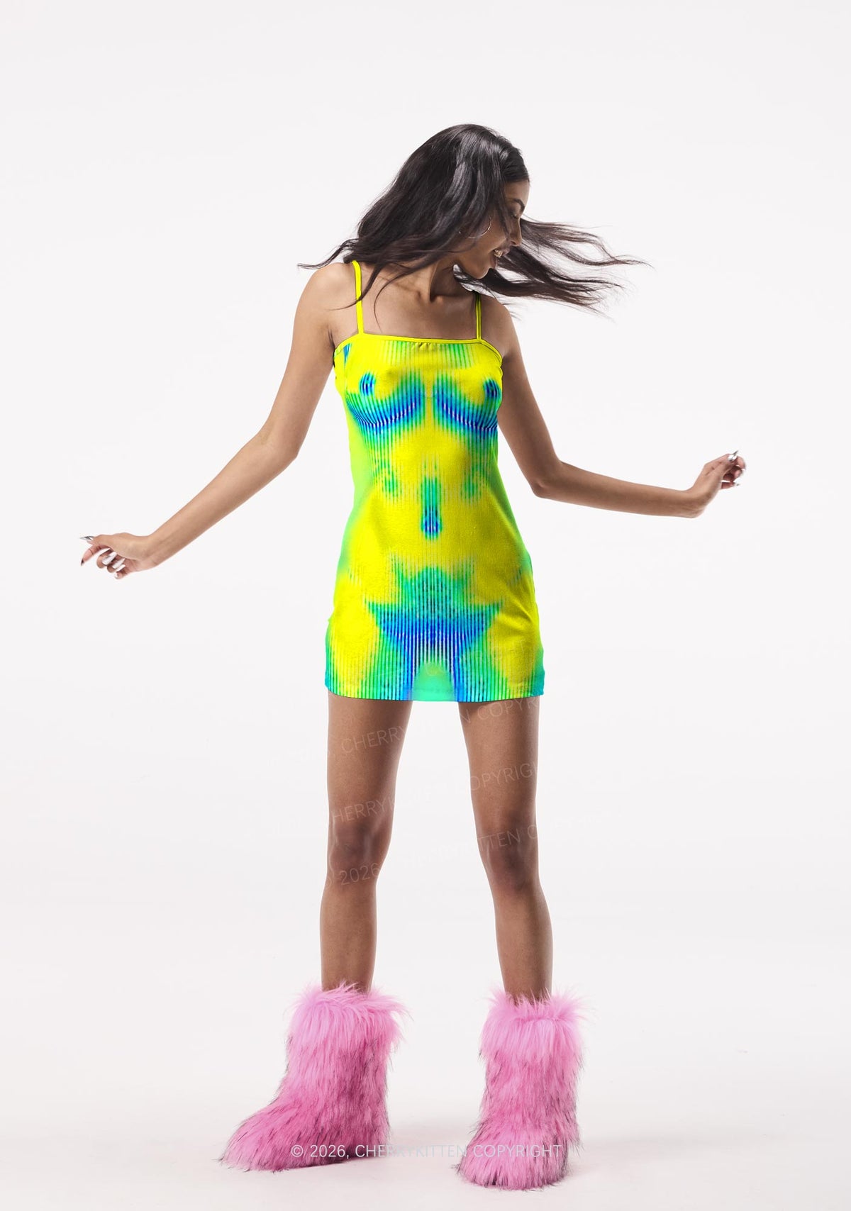 Yellow Thermal Female Body Y2K Print Slip Dress Cherrykitten