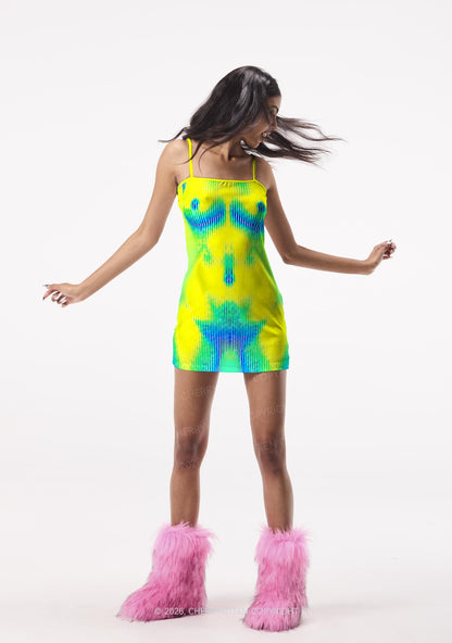 Yellow Thermal Female Body Y2K Print Slip Dress Cherrykitten