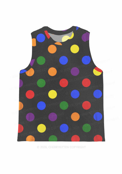 Rainbow Dots On Black Pride Y2K Mesh Muscle Tank Cherrykitten