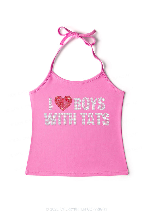 Rhinestone I Love Boys With Tats Y2K Halter Neck Cami Cherrykitten