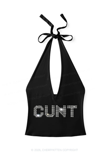 Rhinestone Cxxt Y2K Halter Deep V Neck Cami Cherrykitten