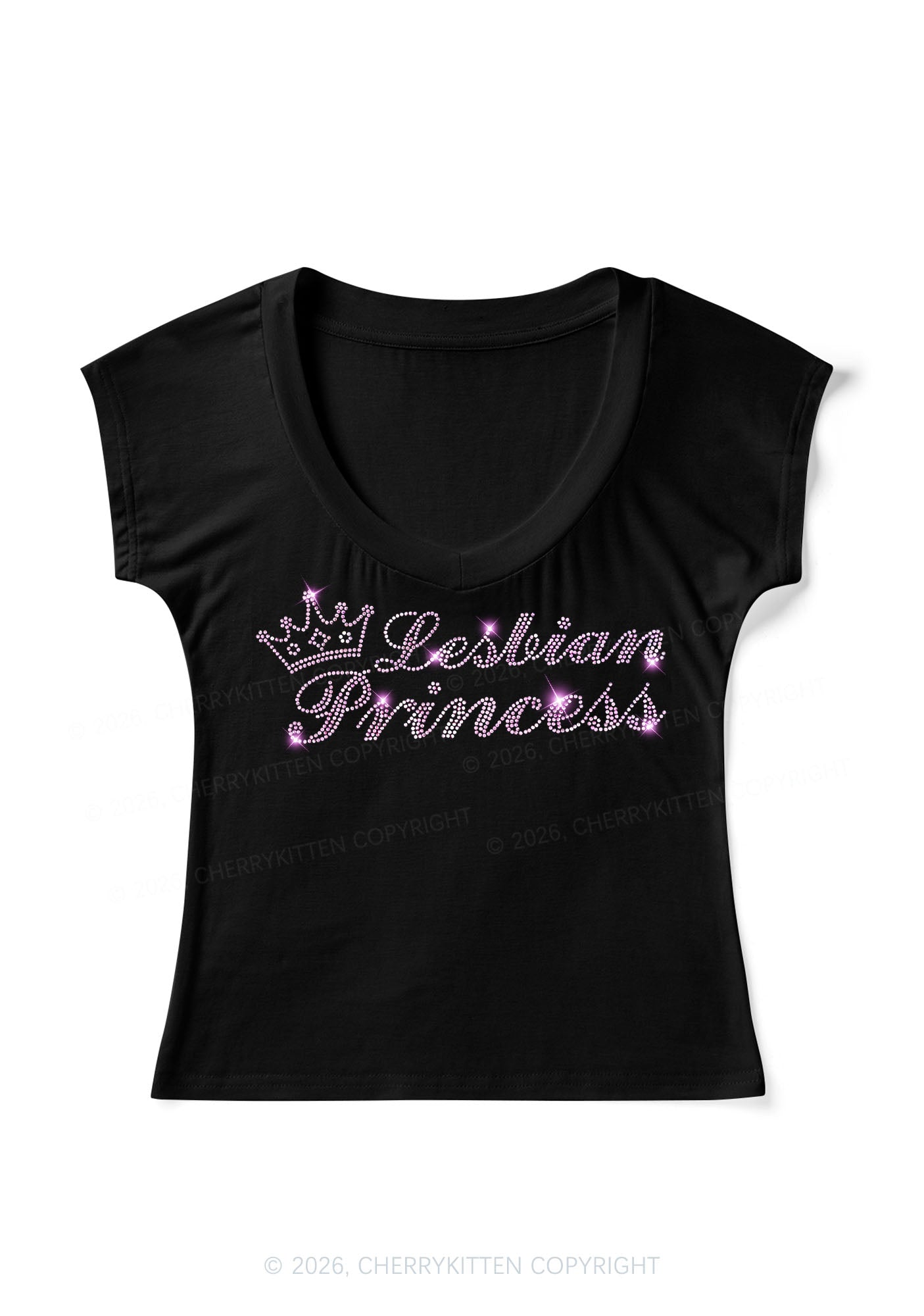 Rhinestone Lesbian Princess Pride Y2K V Neck T Shirts Cherrykitten