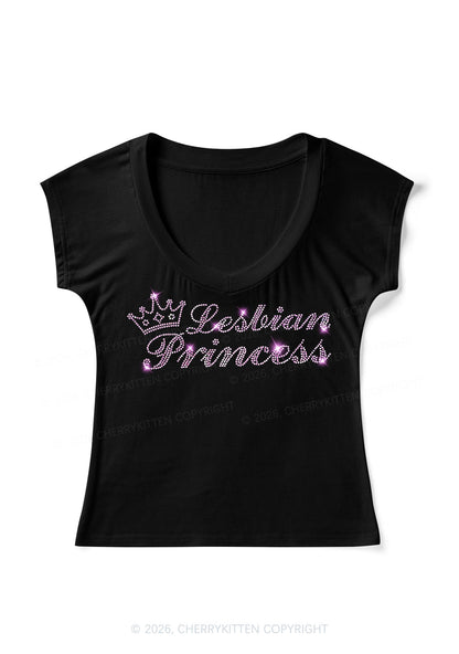 Rhinestone Lesbian Princess Pride Y2K V Neck T Shirts Cherrykitten