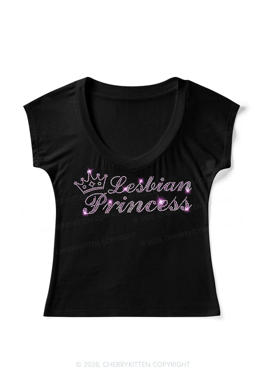 Rhinestone Lesbian Princess Pride Y2K V Neck T Shirts Cherrykitten