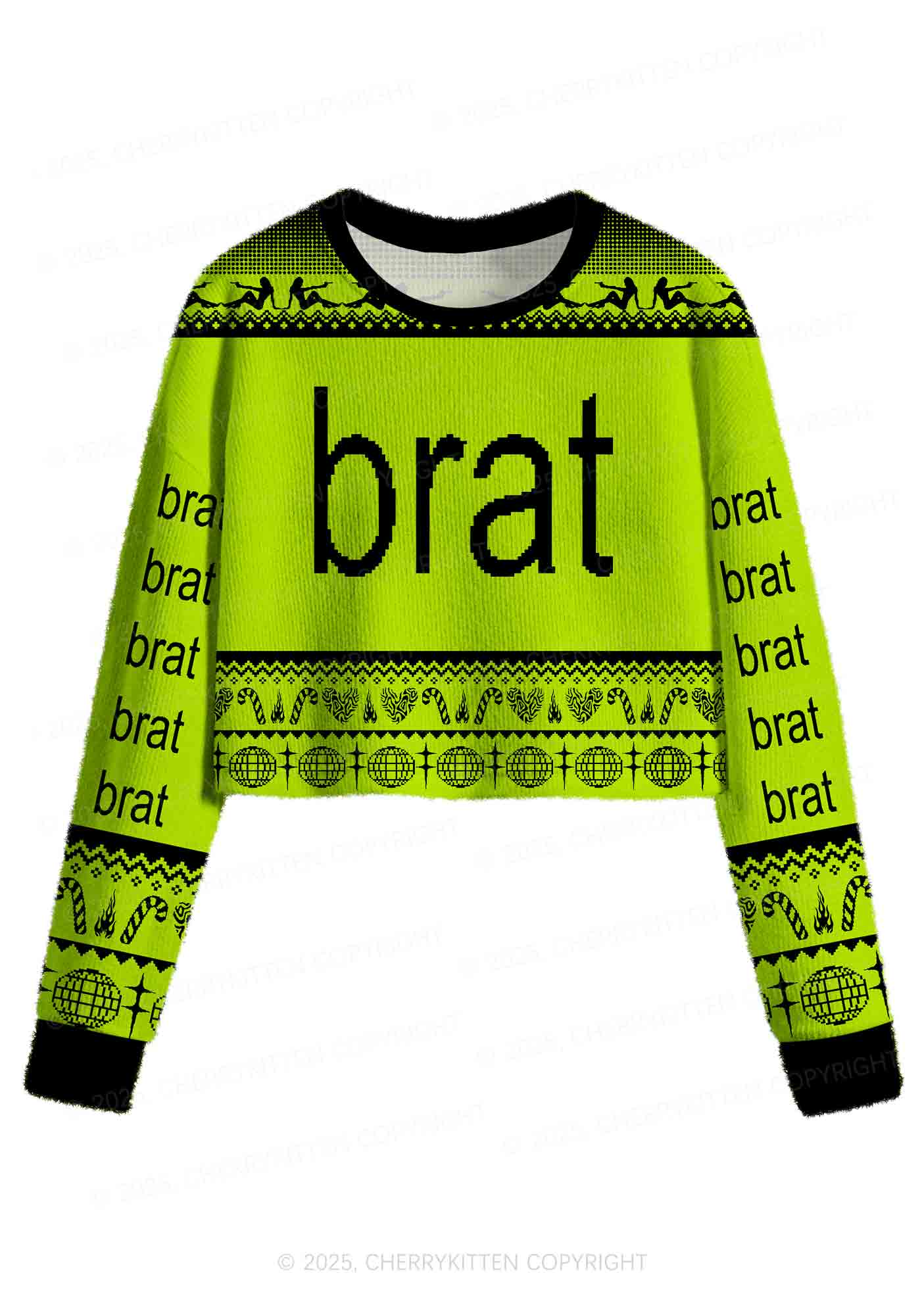 Green Brat Y2K Christmas Crop Knit Sweatshirt Cherrykitten