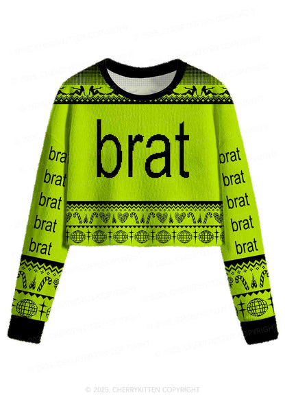 Green Brat Y2K Christmas Crop Knit Sweatshirt Cherrykitten