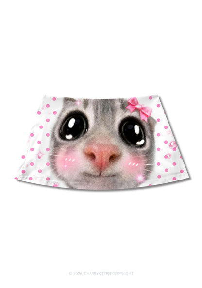 Pink Dots Bow Cat Y2K Print Mini Skirt Cherrykitten